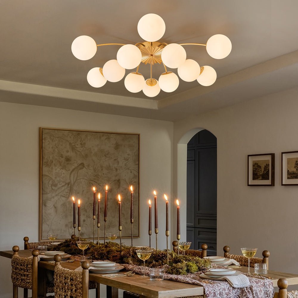 12 Light Opal Glass Bubble Sputnik Chandelier in Brass Finish
