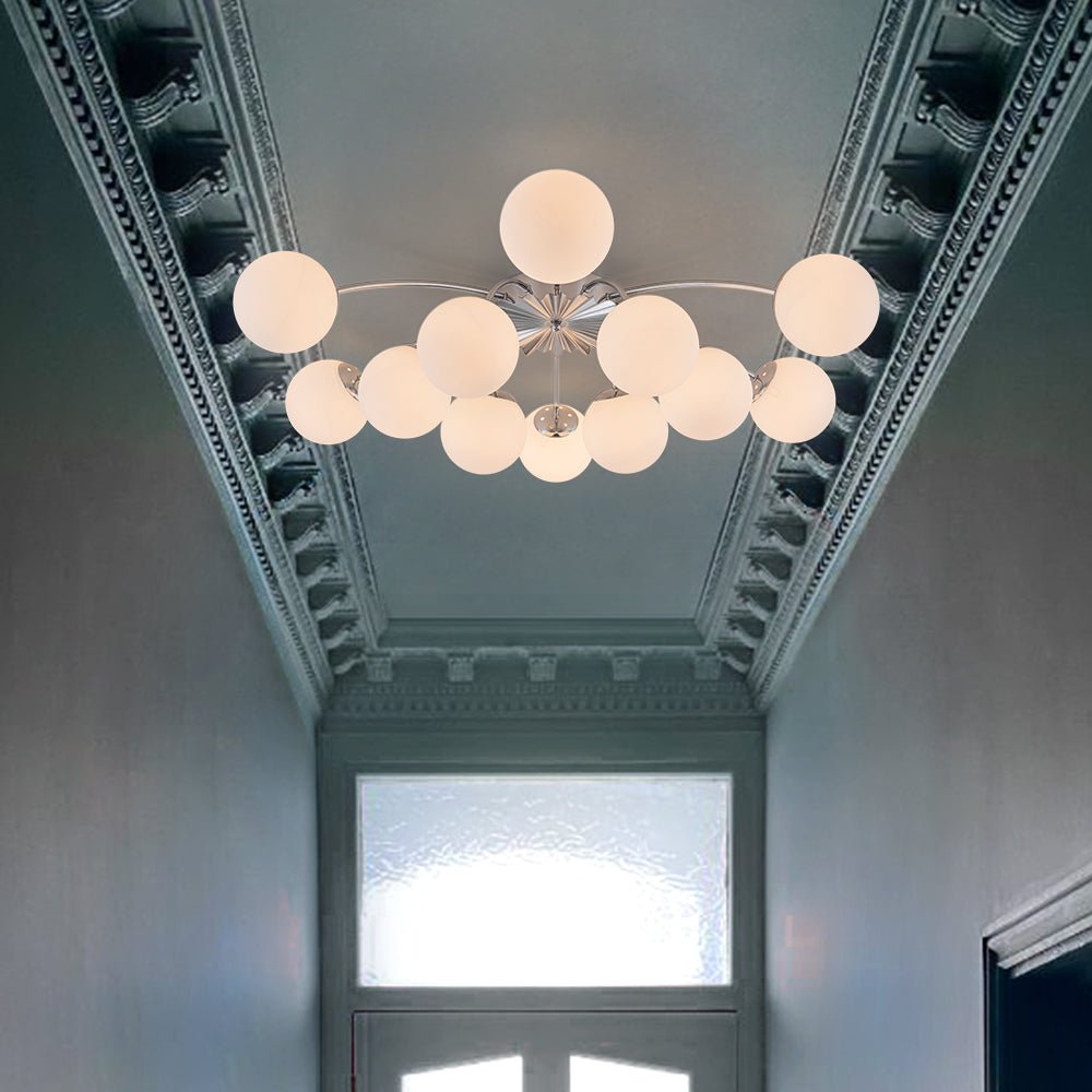 12 Light Opal Glass Bubble Sputnik Chandelier in Brass Finish