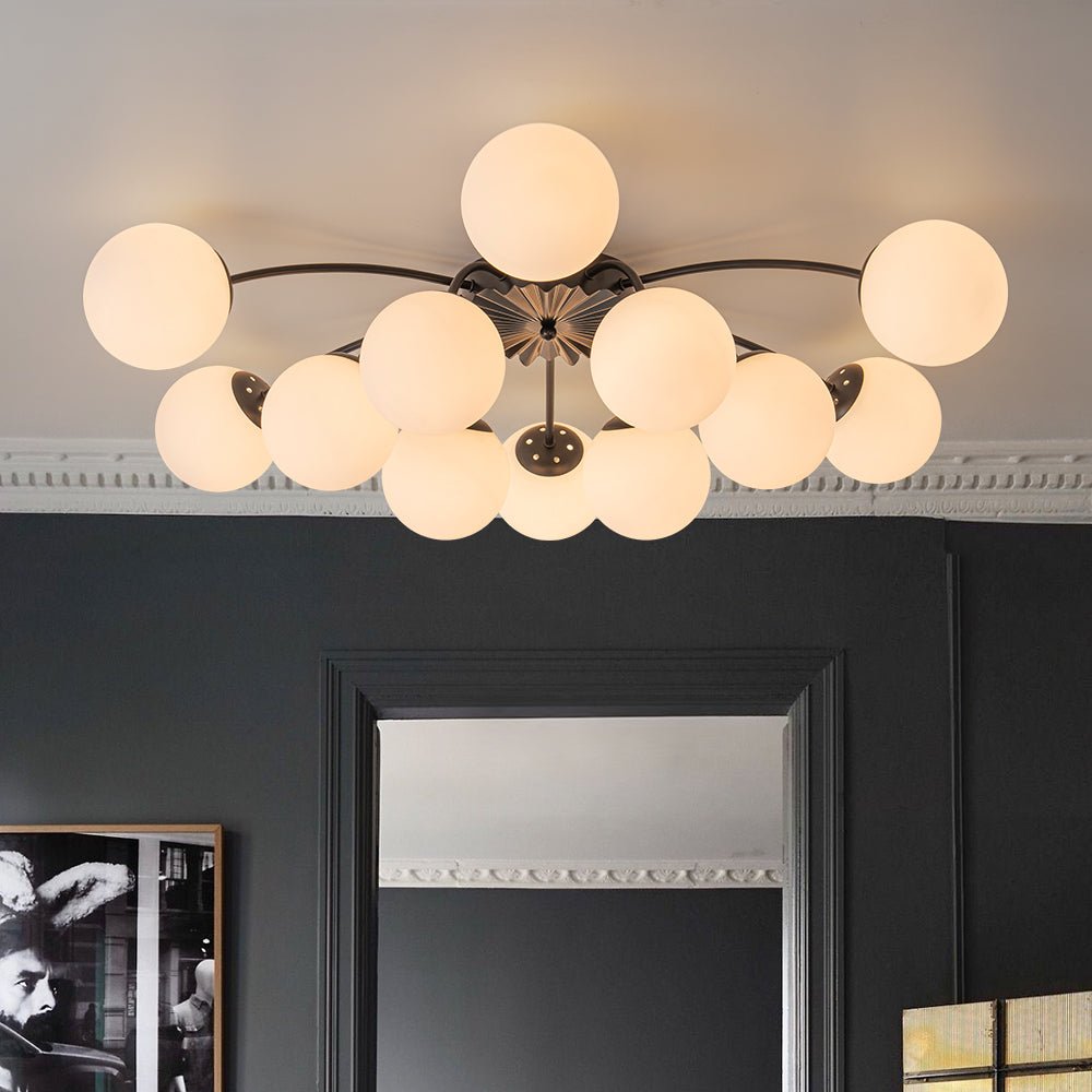 12 Light Opal Glass Bubble Sputnik Chandelier in Brass Finish