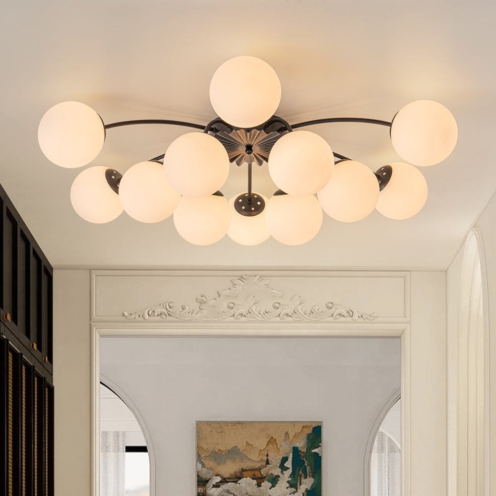 12 Light Opal Glass Bubble Sputnik Chandelier in Brass Finish