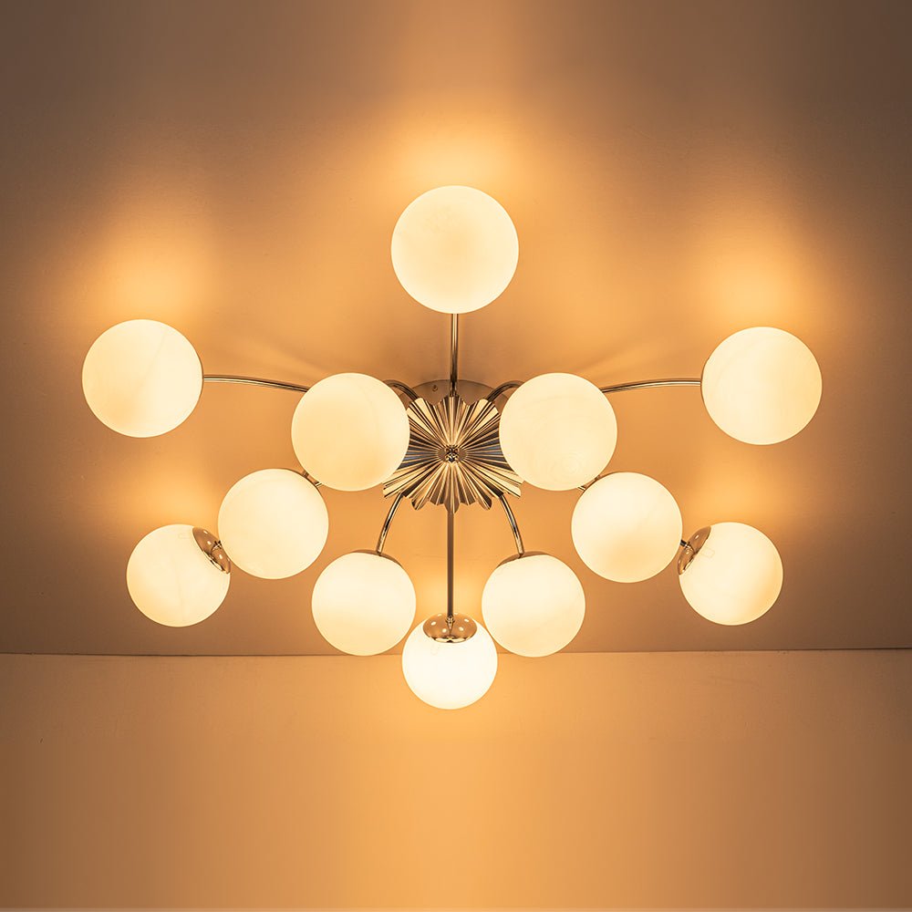 12 Light Opal Glass Bubble Sputnik Chandelier in Brass Finish