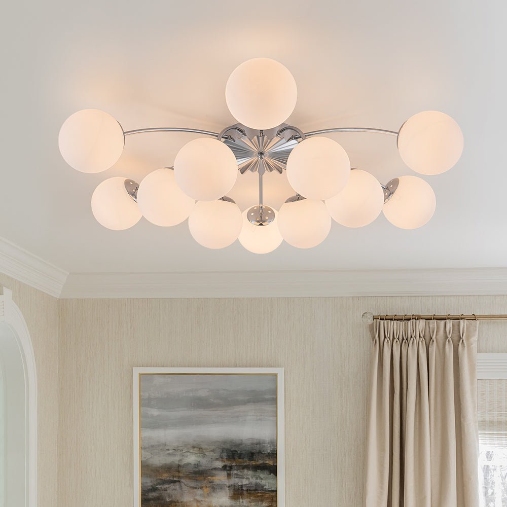 12 Light Opal Glass Bubble Sputnik Chandelier in Brass Finish