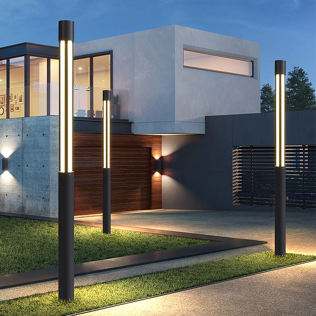 Modern Black Cylinder LED Outdoor Bollard Light Waterproof Hardwired