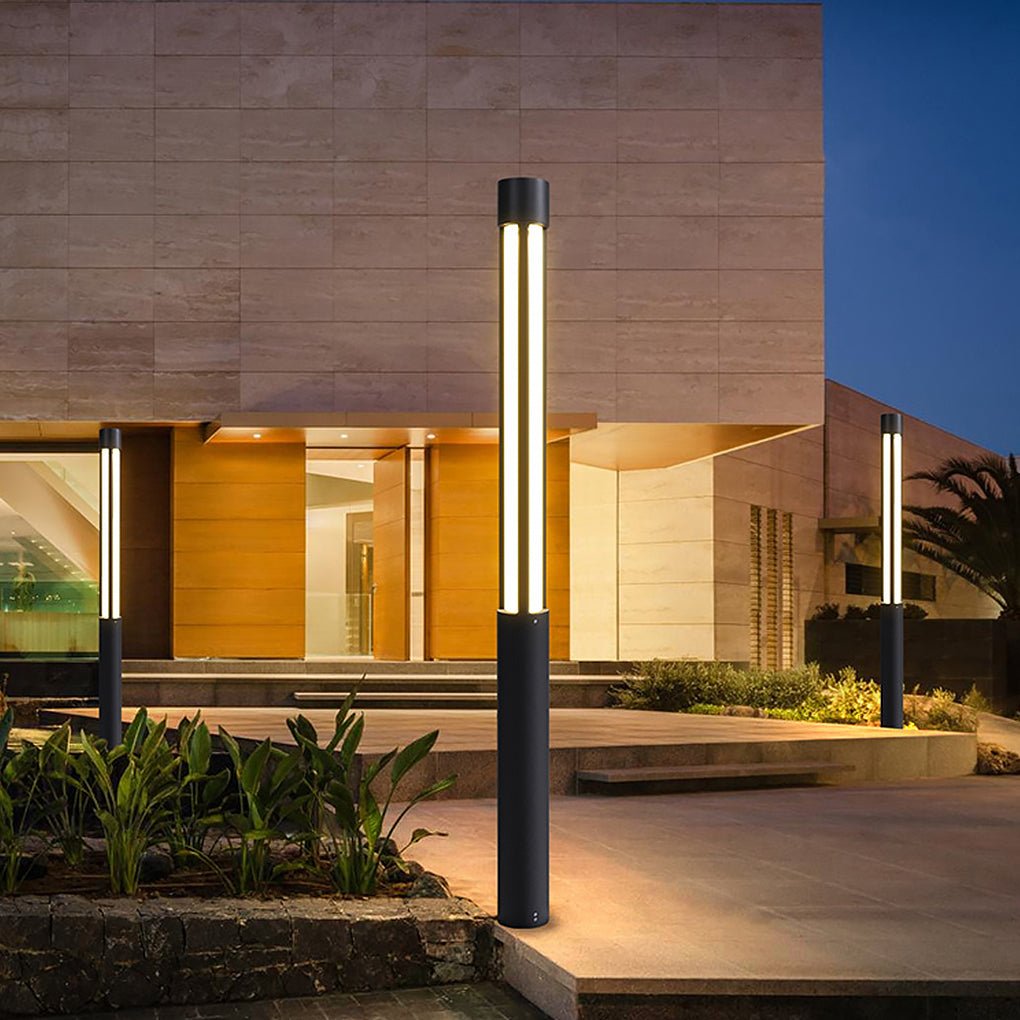 Modern Black Cylinder LED Outdoor Bollard Light Waterproof Hardwired