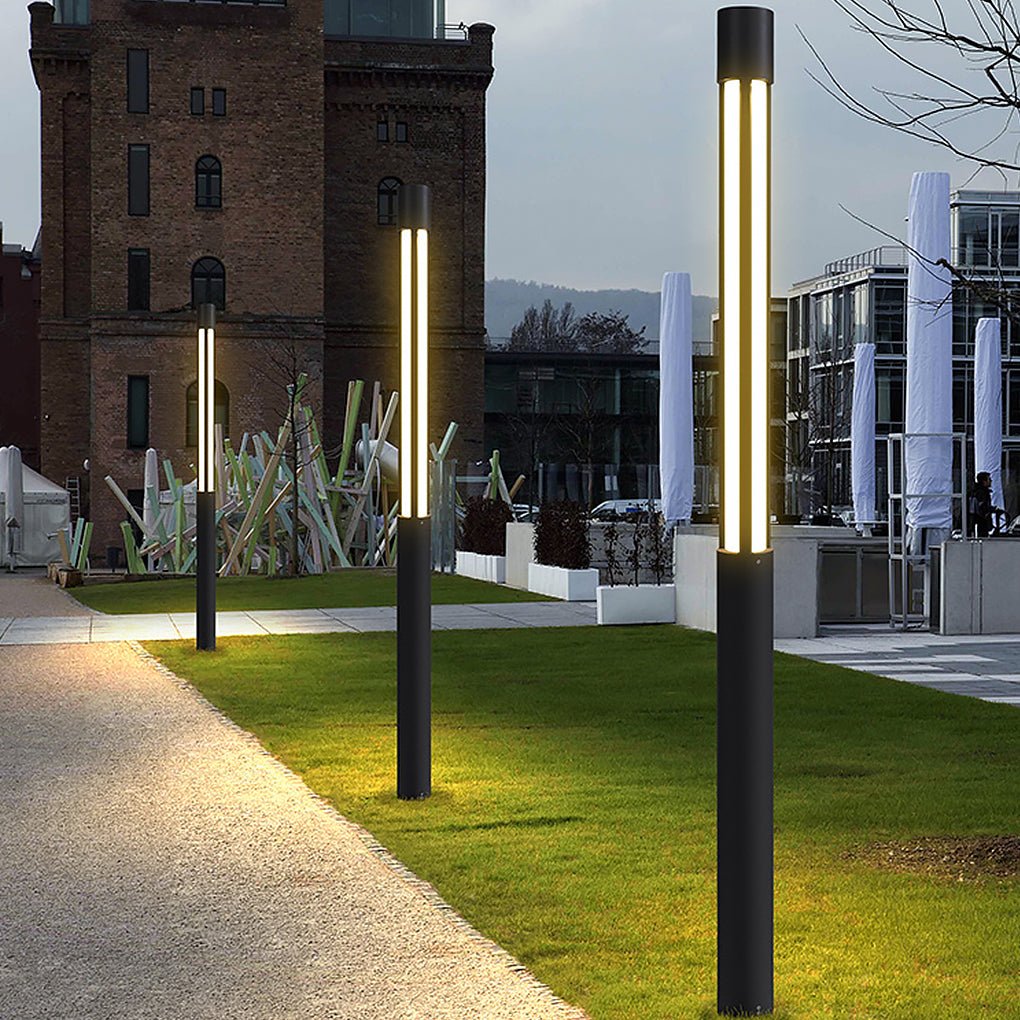 Modern Black Cylinder LED Outdoor Bollard Light Waterproof Hardwired