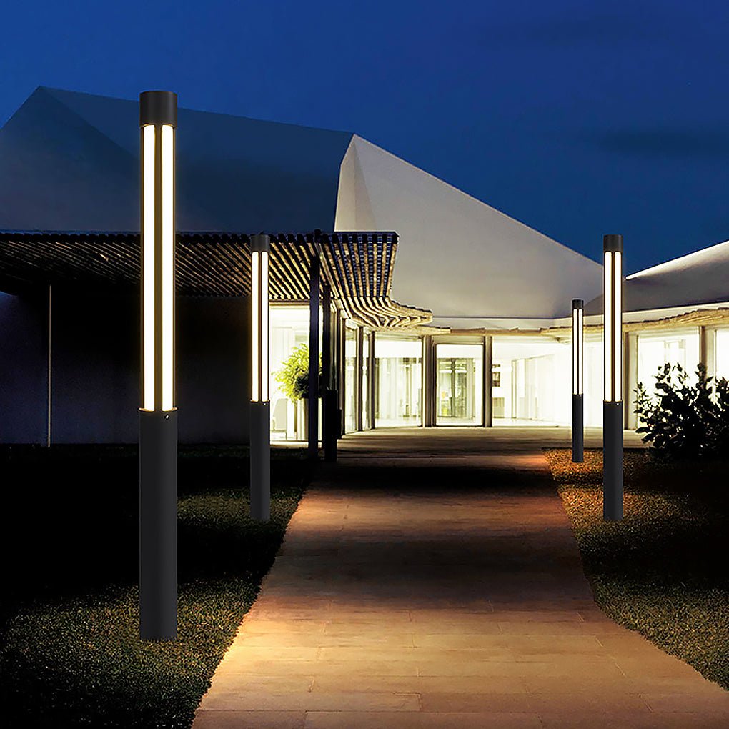 Modern Black Cylinder LED Outdoor Bollard Light Waterproof Hardwired