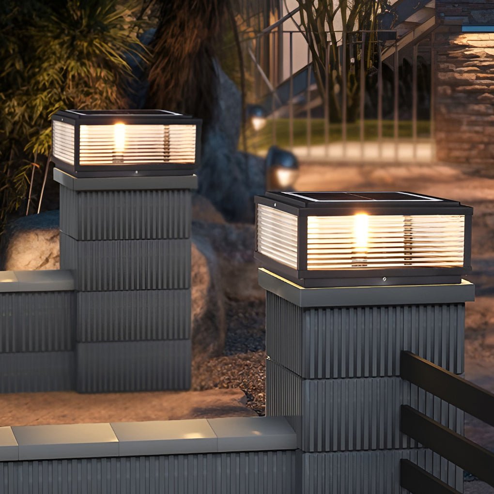 Modern Ribbed Glass Outdoor Pillar Light Solar or Hardwired Pier Mount Lamp