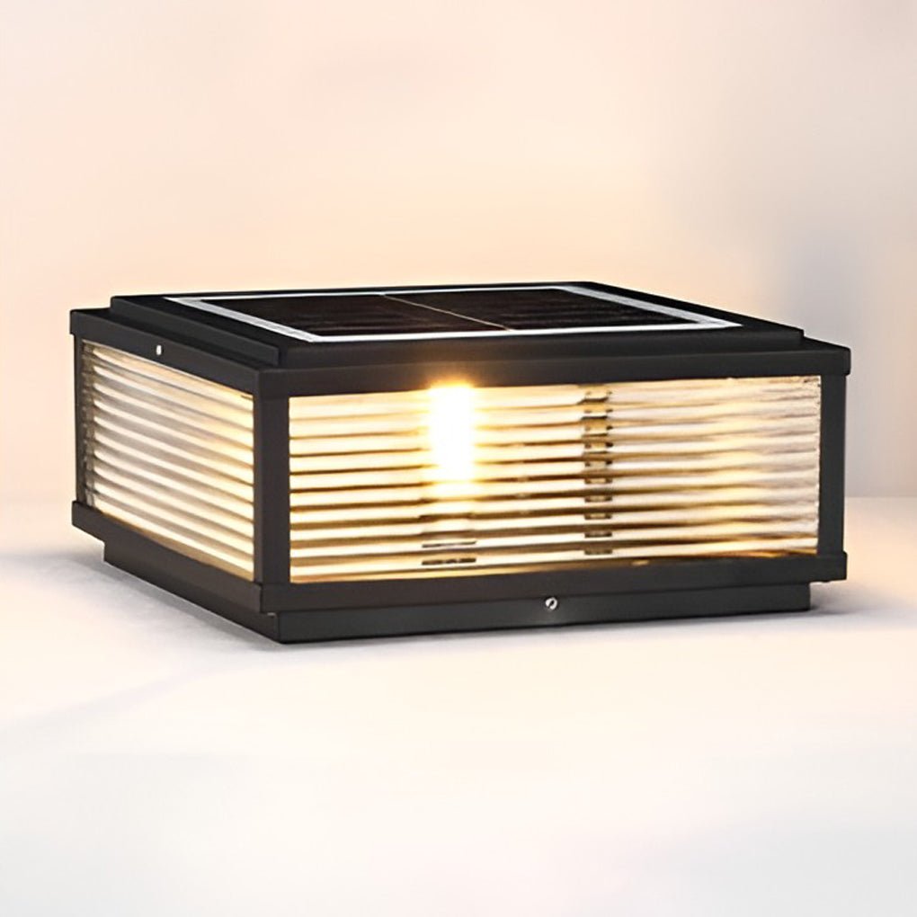 Modern Ribbed Glass Outdoor Pillar Light Solar or Hardwired Pier Mount Lamp