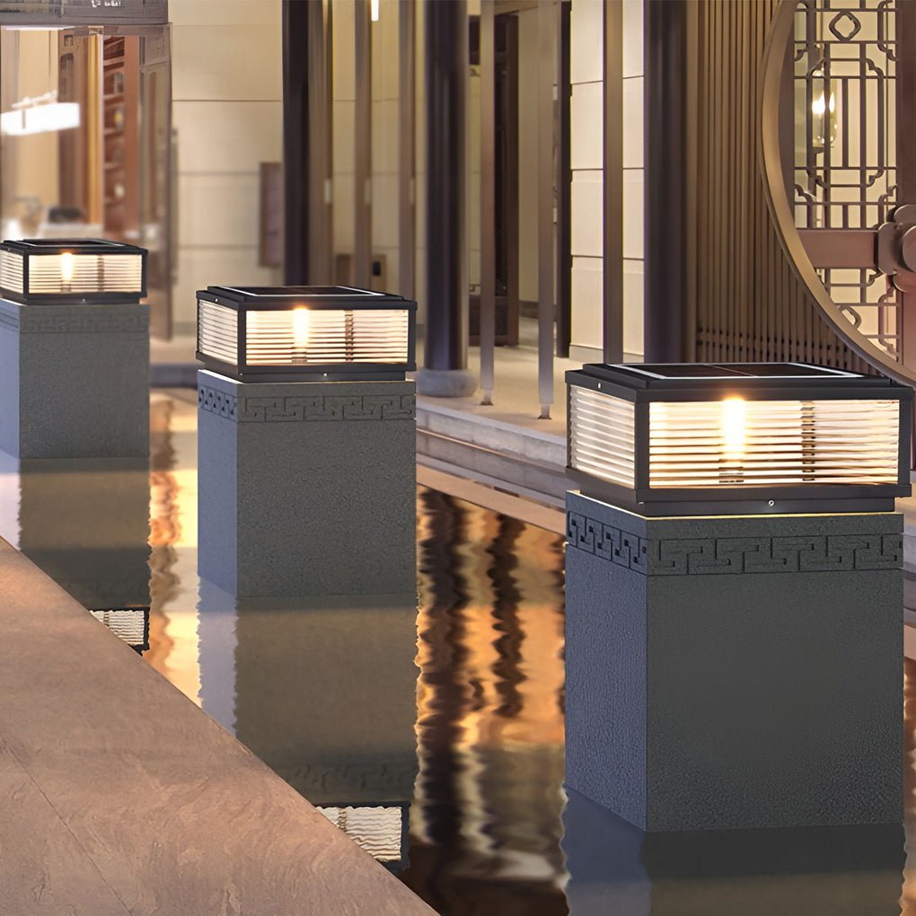 Modern Ribbed Glass Outdoor Pillar Light Solar or Hardwired Pier Mount Lamp