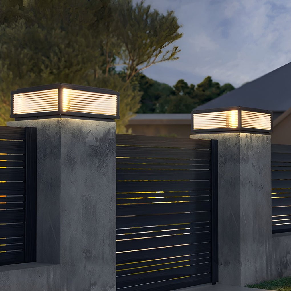 Modern Ribbed Glass Outdoor Pillar Light Solar or Hardwired Pier Mount Lamp