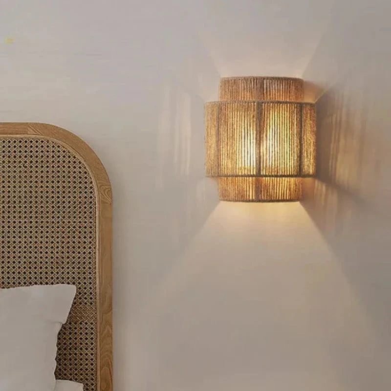 Rattan Wall Lamp, Handwoven Bamboo LED Light