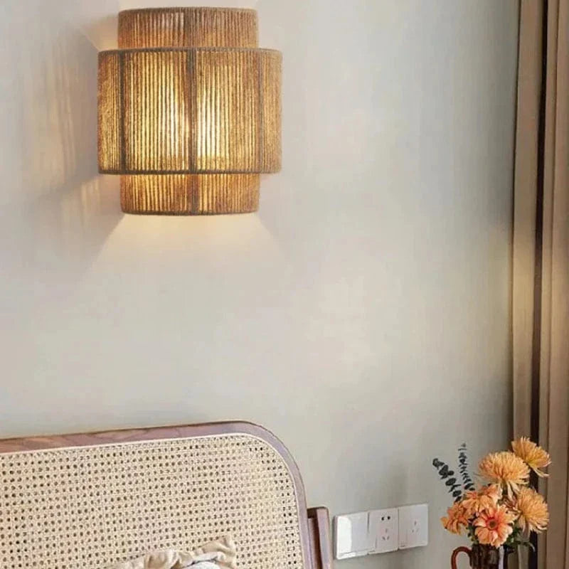 Rattan Wall Lamp, Handwoven Bamboo LED Light