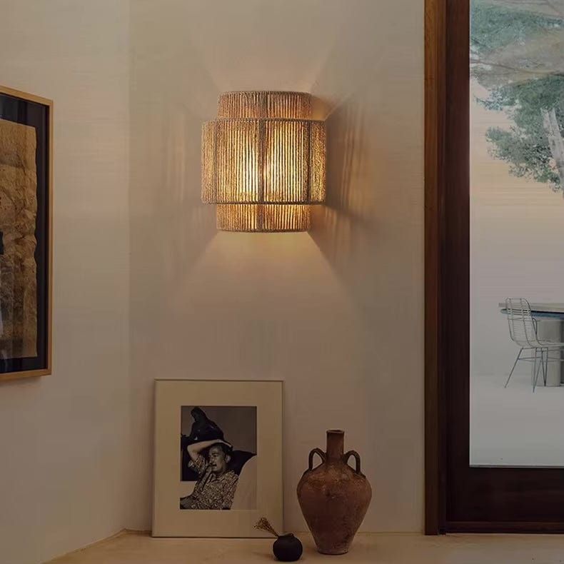 Rattan Wall Lamp, Handwoven Bamboo LED Light