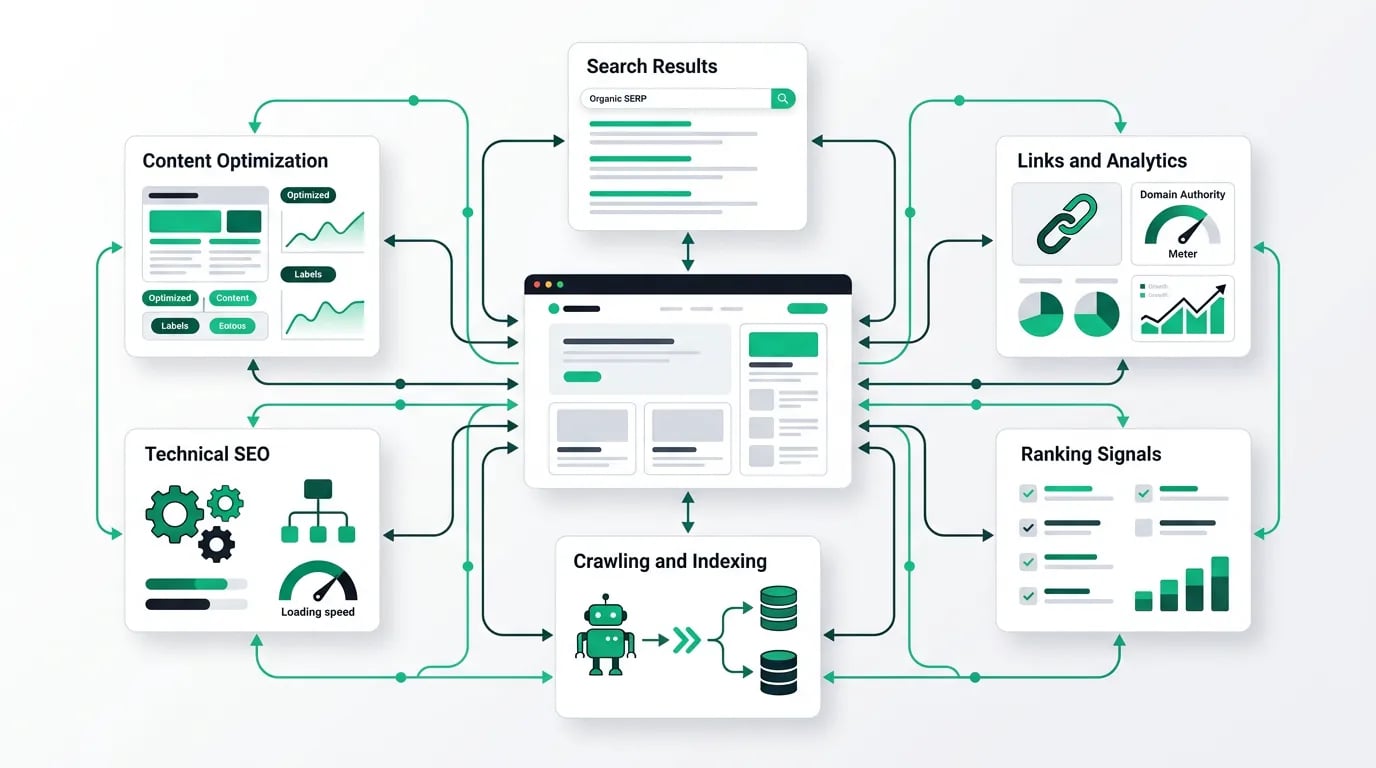 Doruva illustration showing the core components of SEO and search engine optimization