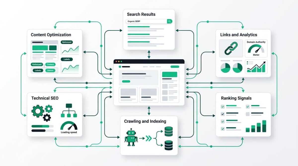 SEO ve arama motoru optimizasyonunun temel bileşenlerini gösteren Doruva illüstrasyonu
