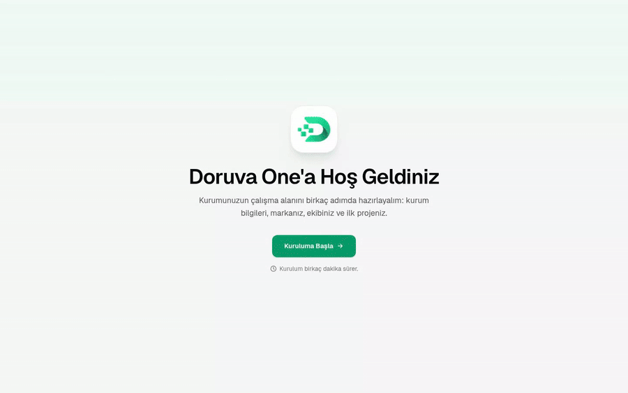 Kurulum sihirbazı: kurulum anahtarından kurum bilgilerine, görünüme, ekibe, ilk projeye ve hazır ekranına