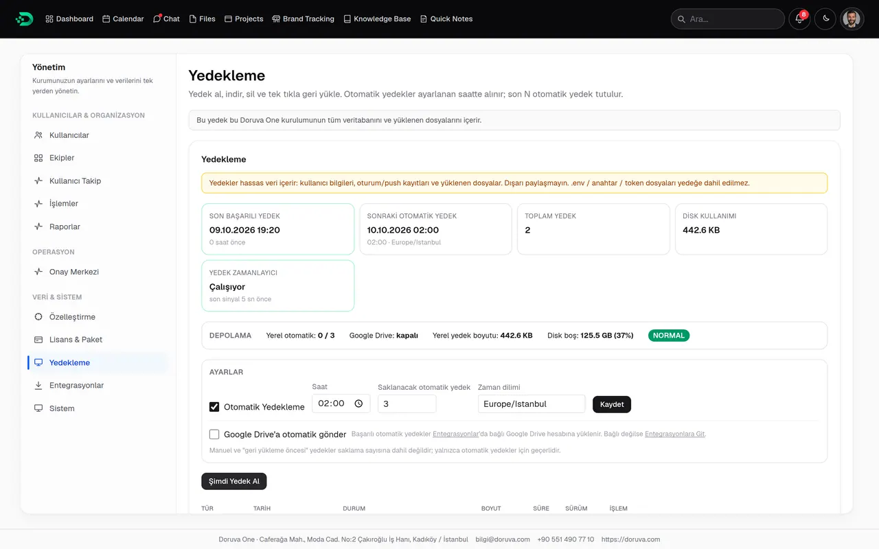 Backups: recent backups, Google Drive status and automatic backup settings