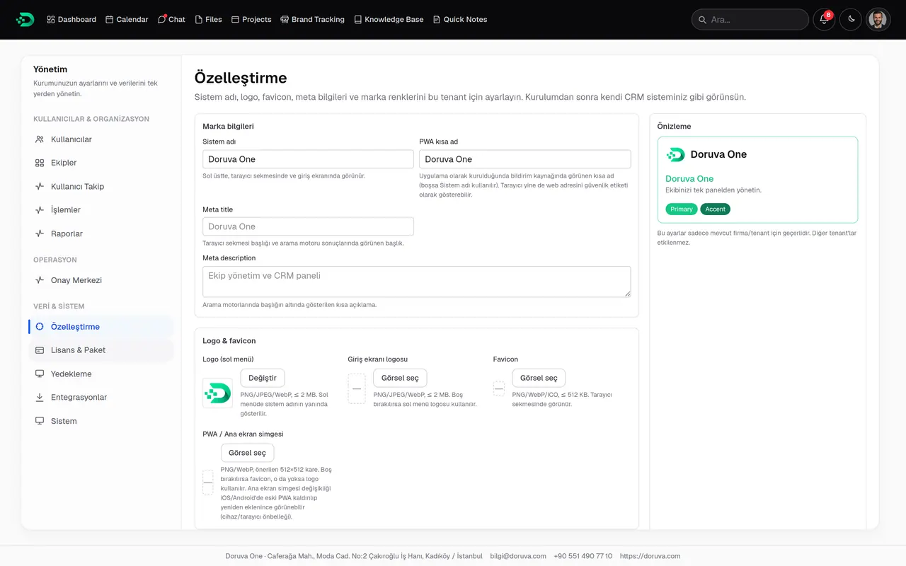 Customization: brand details, logo and colours with a live preview