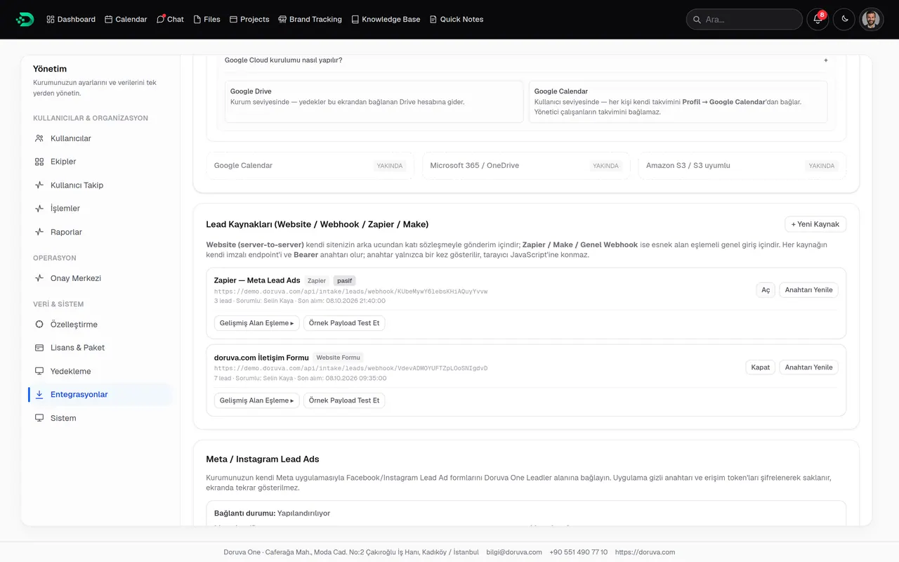 Integrations: Google connection, lead sources and Meta / Instagram Lead Ads
