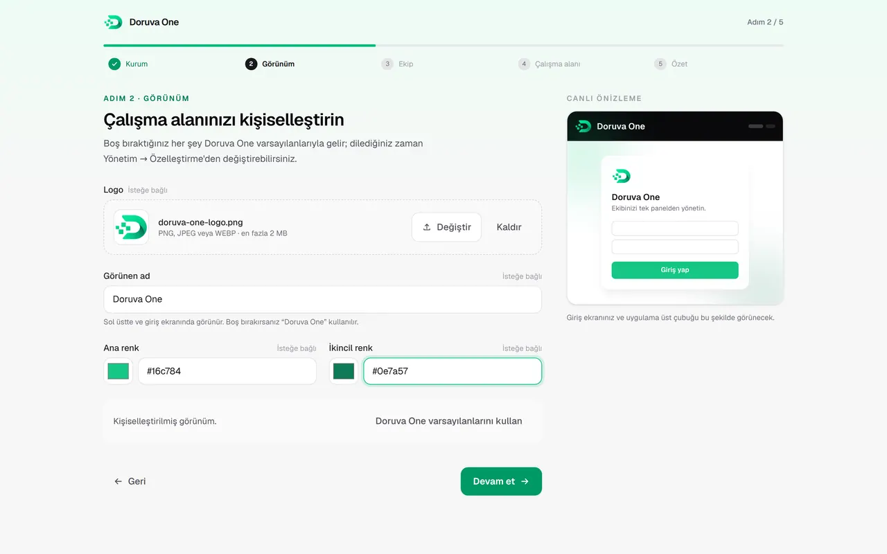Setup step 2: logo, colours and live preview