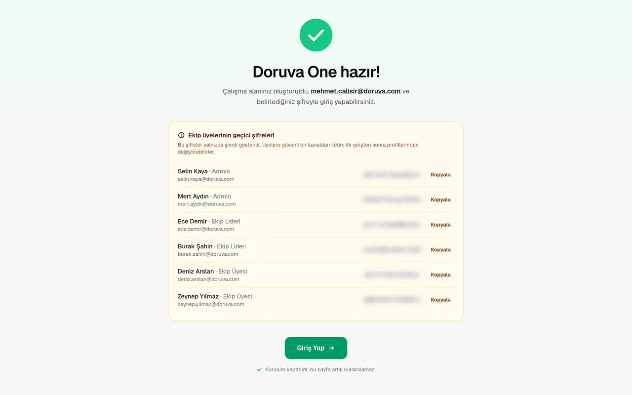 Setup complete screen: Doruva One is ready