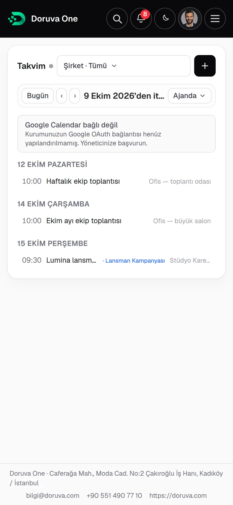 Telefonda takvim ajanda görünümü