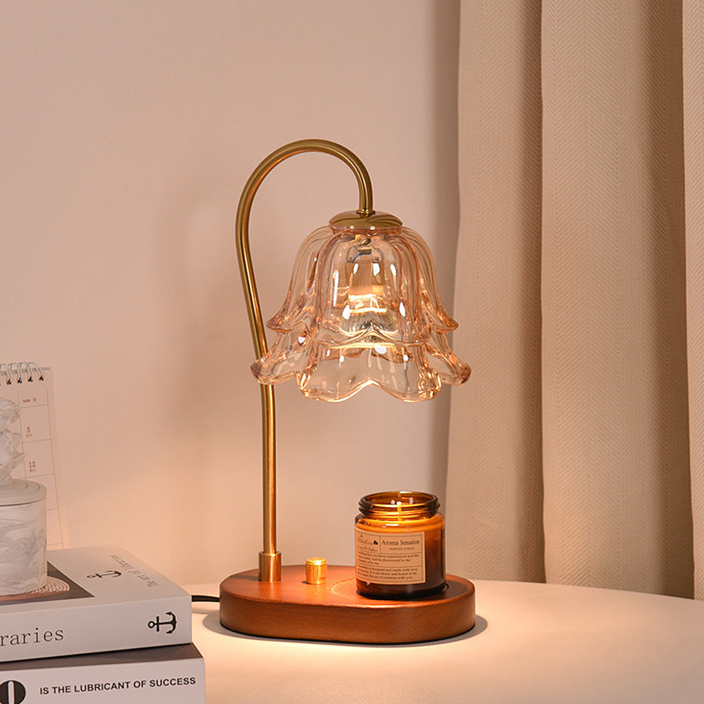 Vintage Flower Glass Candle Warmer Lamp with Wooden Base