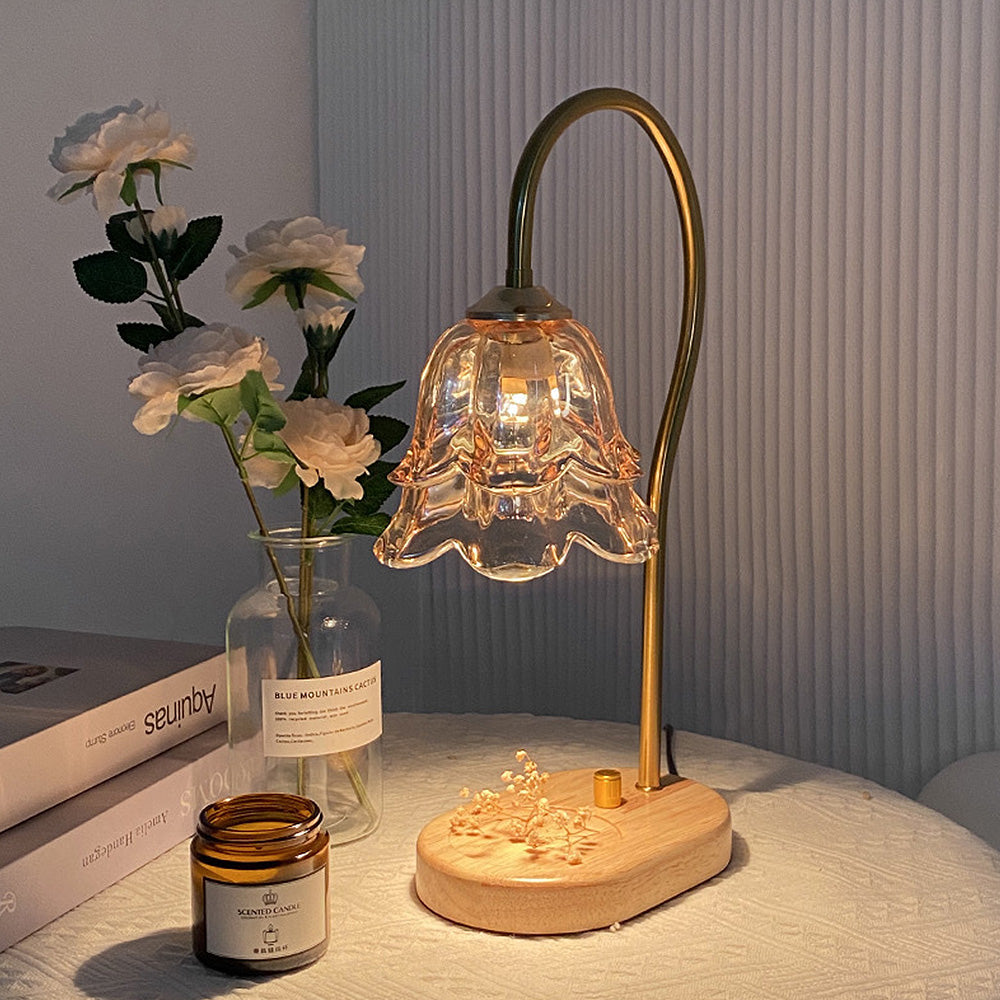 Vintage Flower Glass Candle Warmer Lamp with Wooden Base