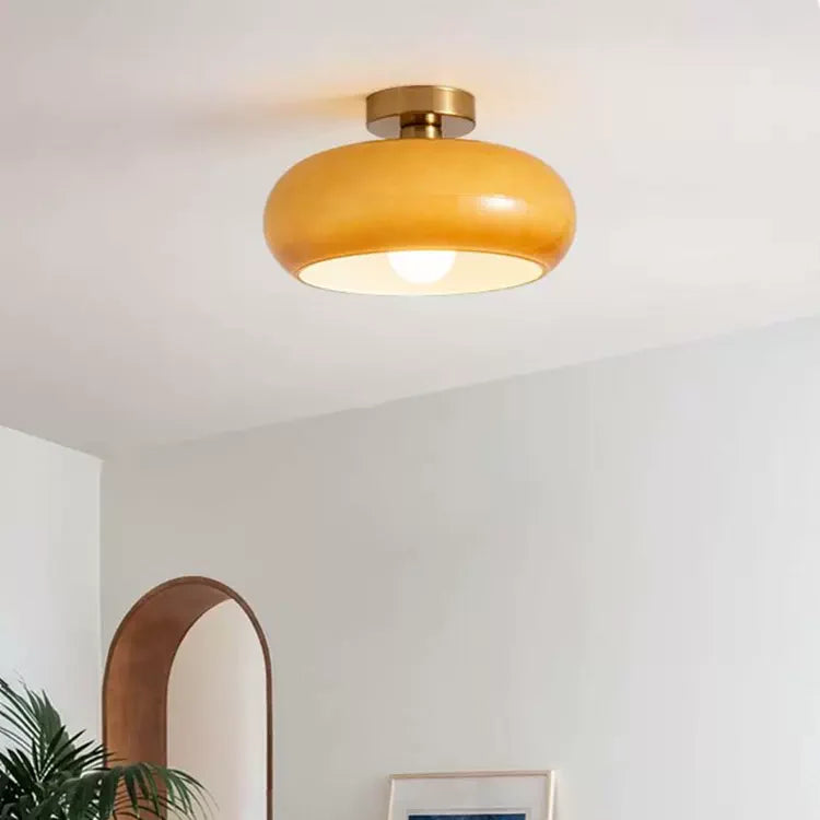 Amber Glass Round Ceiling Light Warm Retro Flush Mount