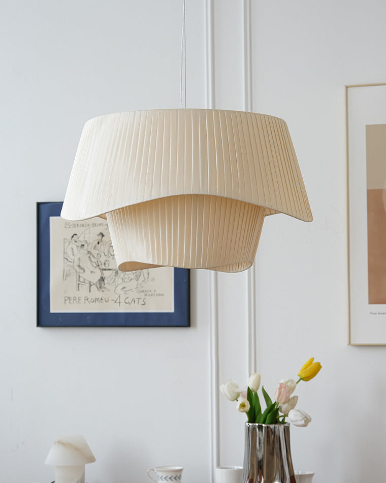 Modern Pleated Fabric Drum Pendant Light in Tiered Design