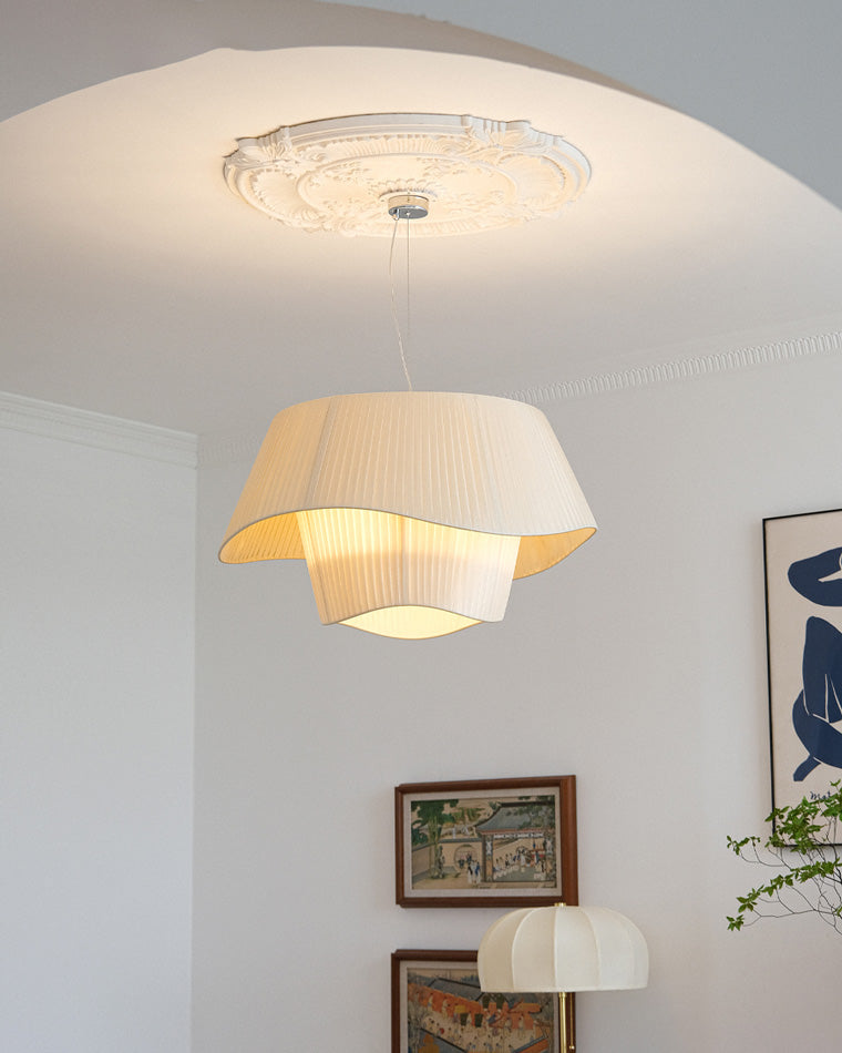 Modern Pleated Fabric Drum Pendant Light in Tiered Design