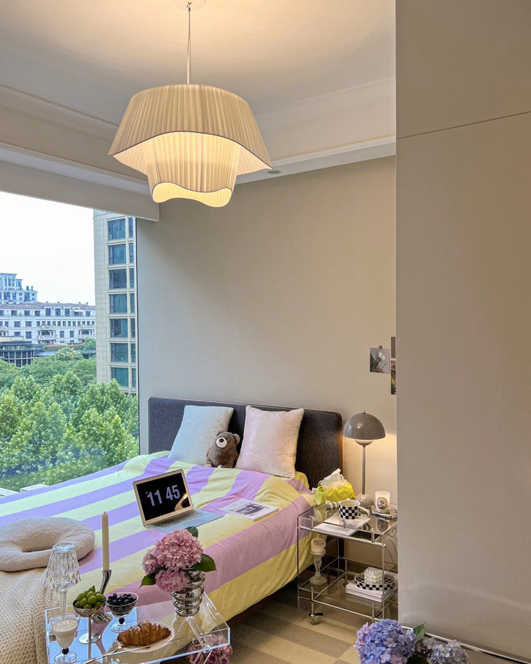 Modern Pleated Fabric Drum Pendant Light in Tiered Design