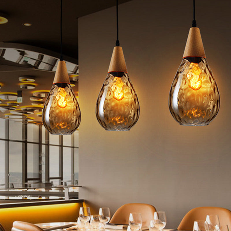 Teardrop Glass Pendant Light Wood and Glass Hanging Lamp
