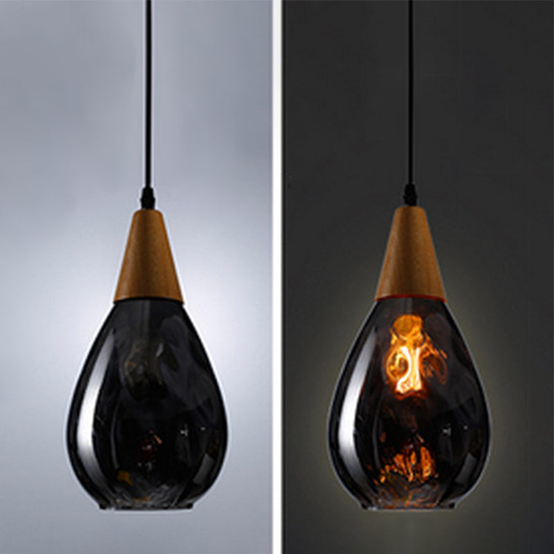 Teardrop Glass Pendant Light Wood and Glass Hanging Lamp