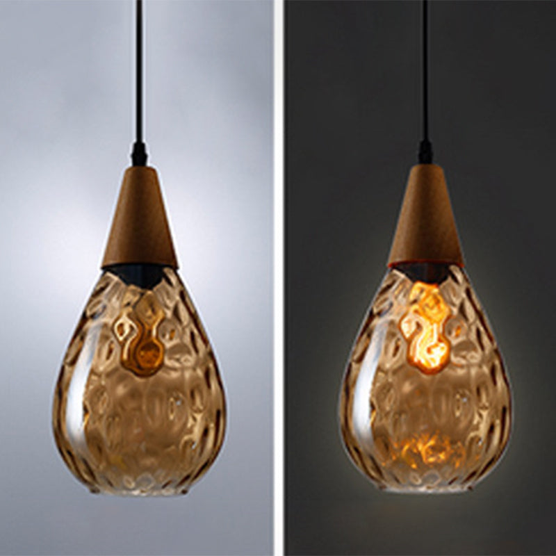 Teardrop Glass Pendant Light Wood and Glass Hanging Lamp