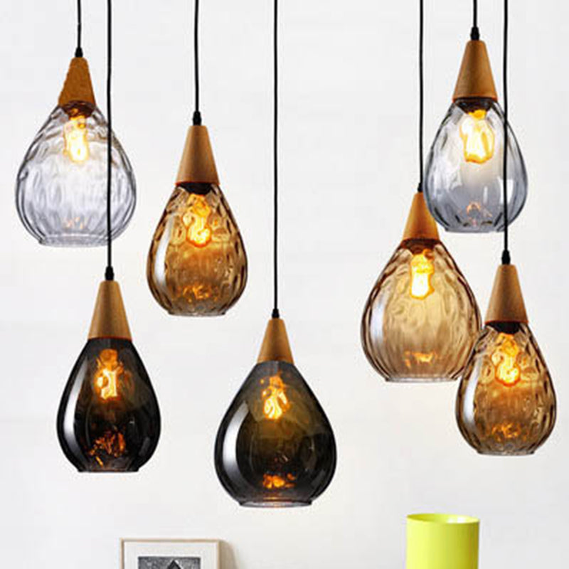 Teardrop Glass Pendant Light Wood and Glass Hanging Lamp