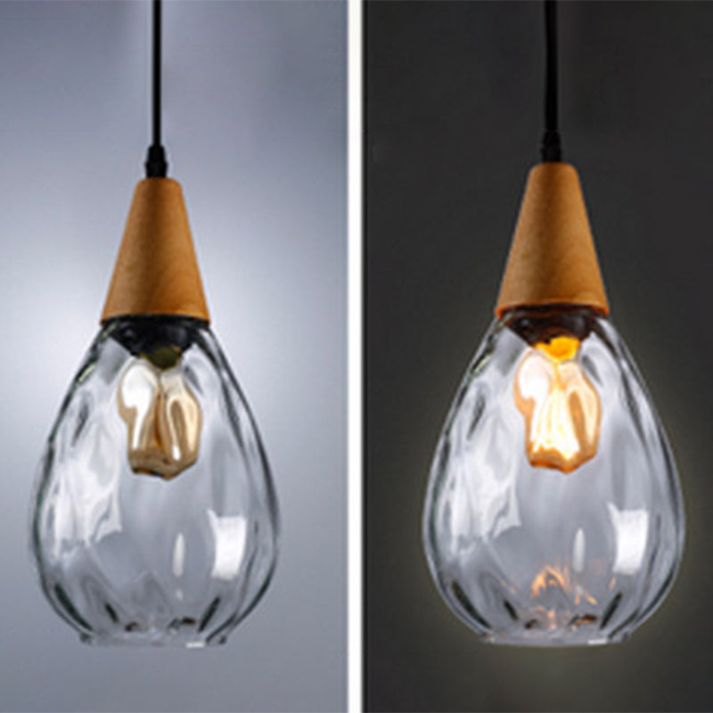Teardrop Glass Pendant Light Wood and Glass Hanging Lamp