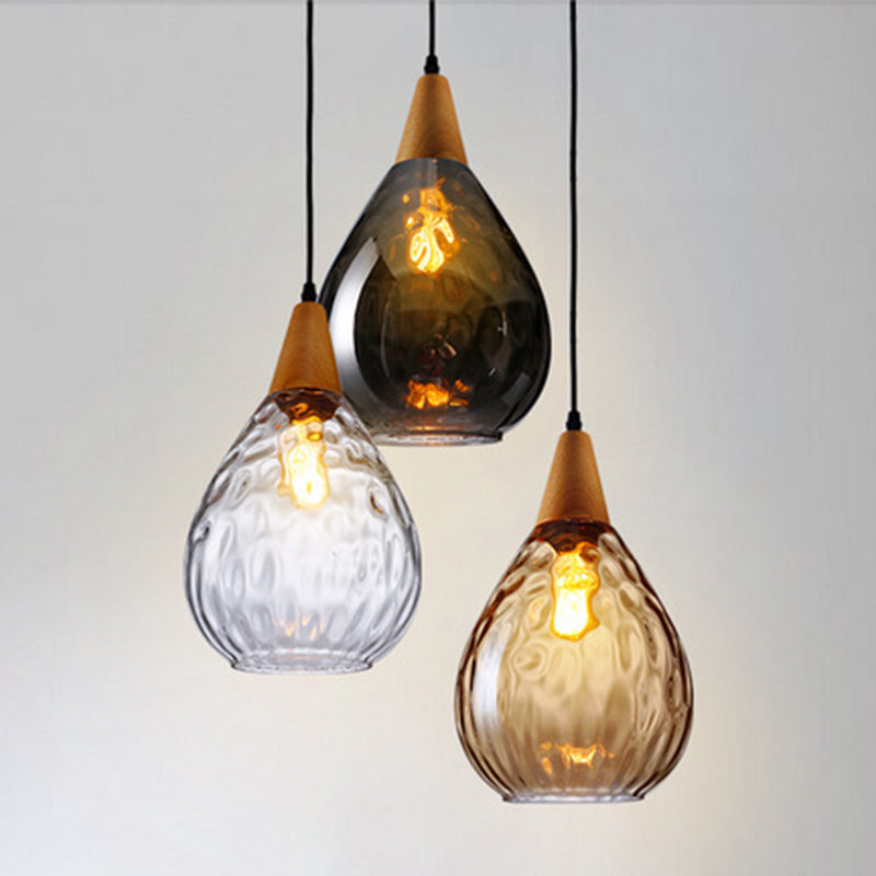 Teardrop Glass Pendant Light Wood and Glass Hanging Lamp