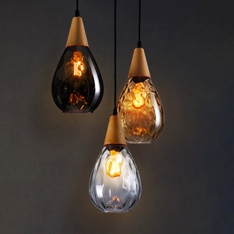 Teardrop Glass Pendant Light Wood and Glass Hanging Lamp