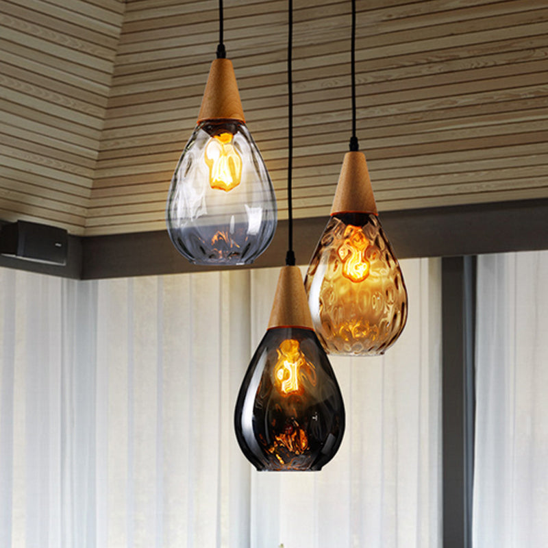 Teardrop Glass Pendant Light Wood and Glass Hanging Lamp
