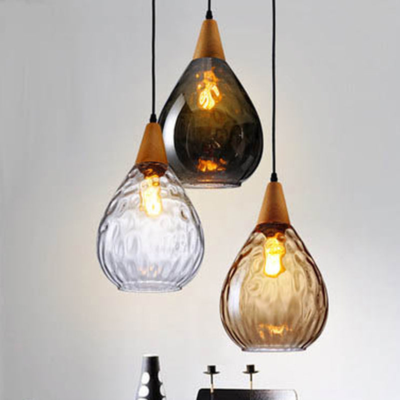 Teardrop Glass Pendant Light Wood and Glass Hanging Lamp