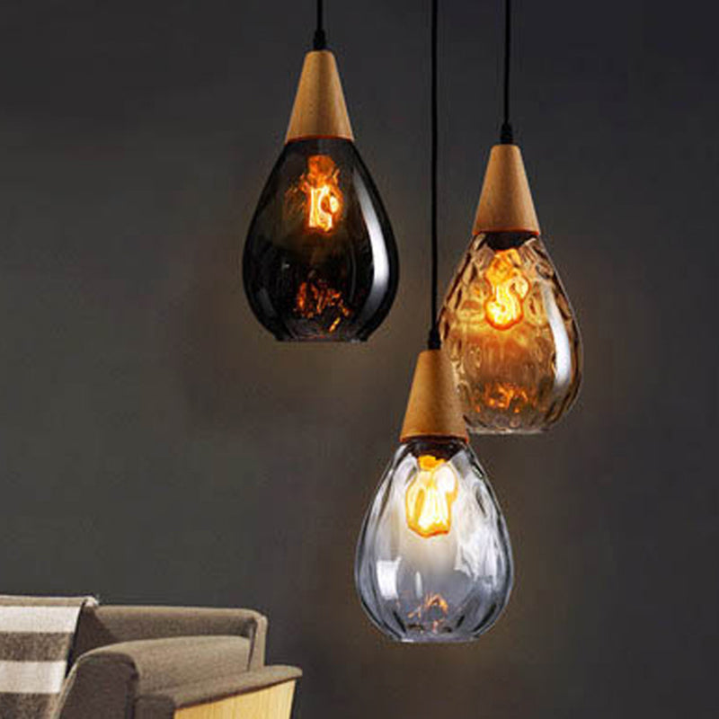 Teardrop Glass Pendant Light Wood and Glass Hanging Lamp