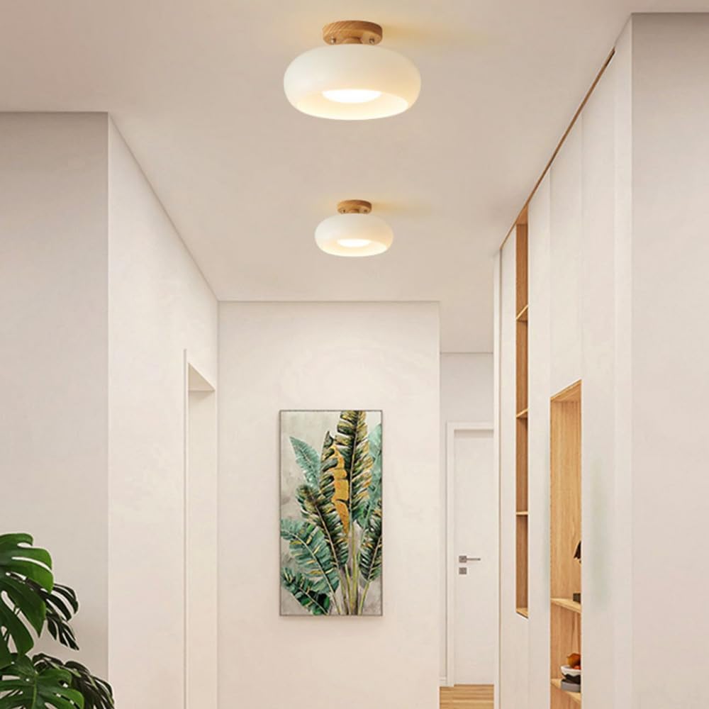 Modern Flush Mount LED Ceiling Light with Wood and Glass Design