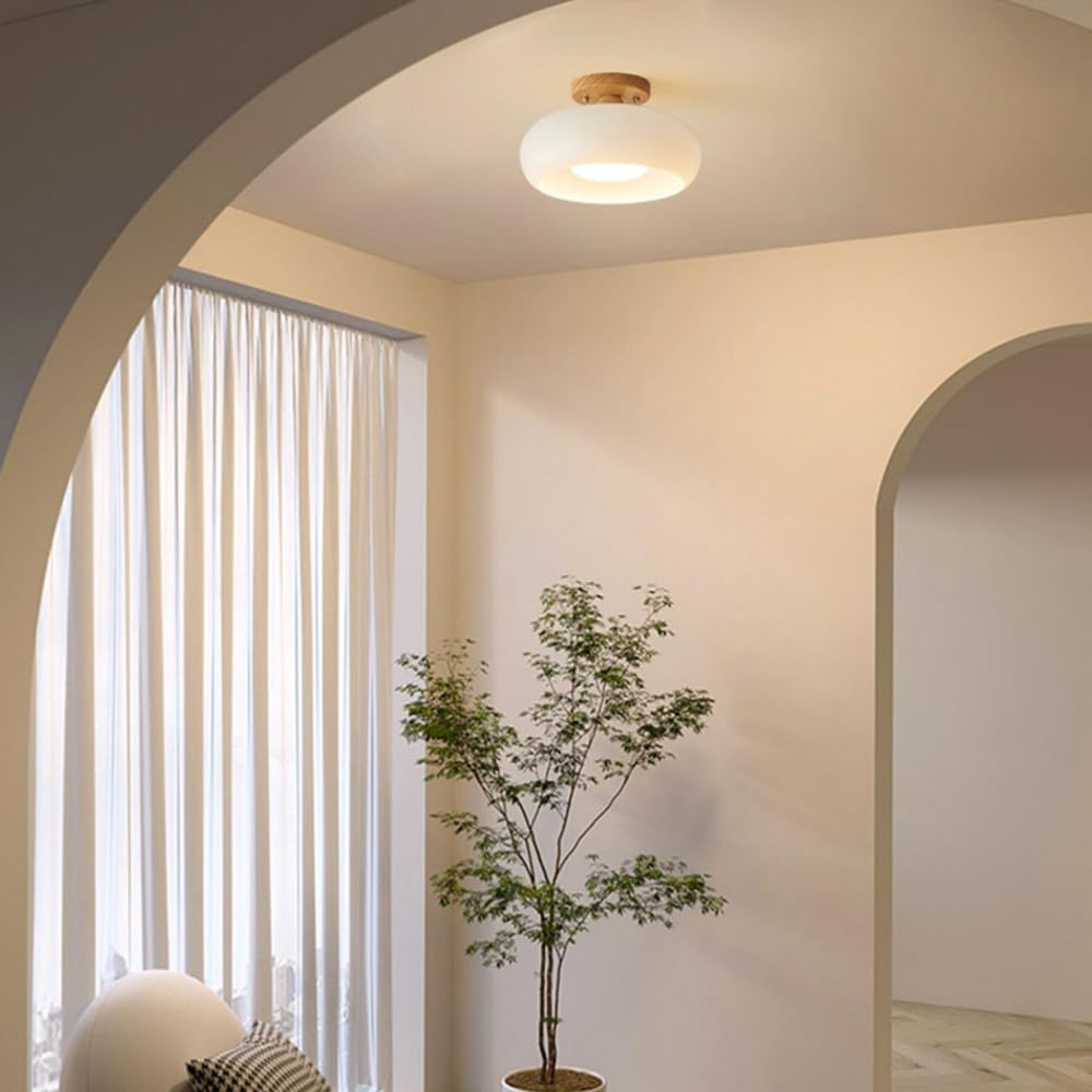 Modern Flush Mount LED Ceiling Light with Wood and Glass Design