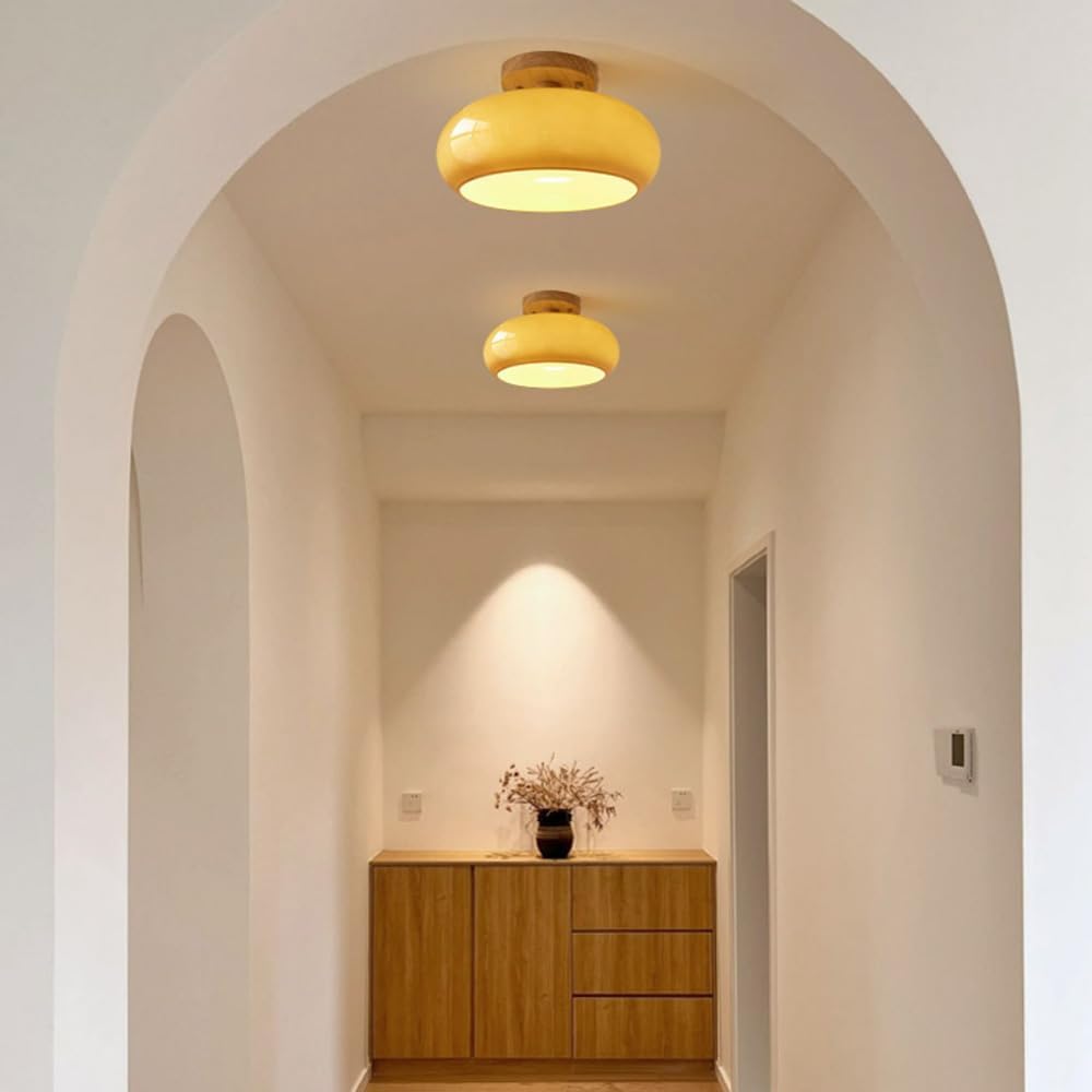 Modern Flush Mount LED Ceiling Light with Wood and Glass Design