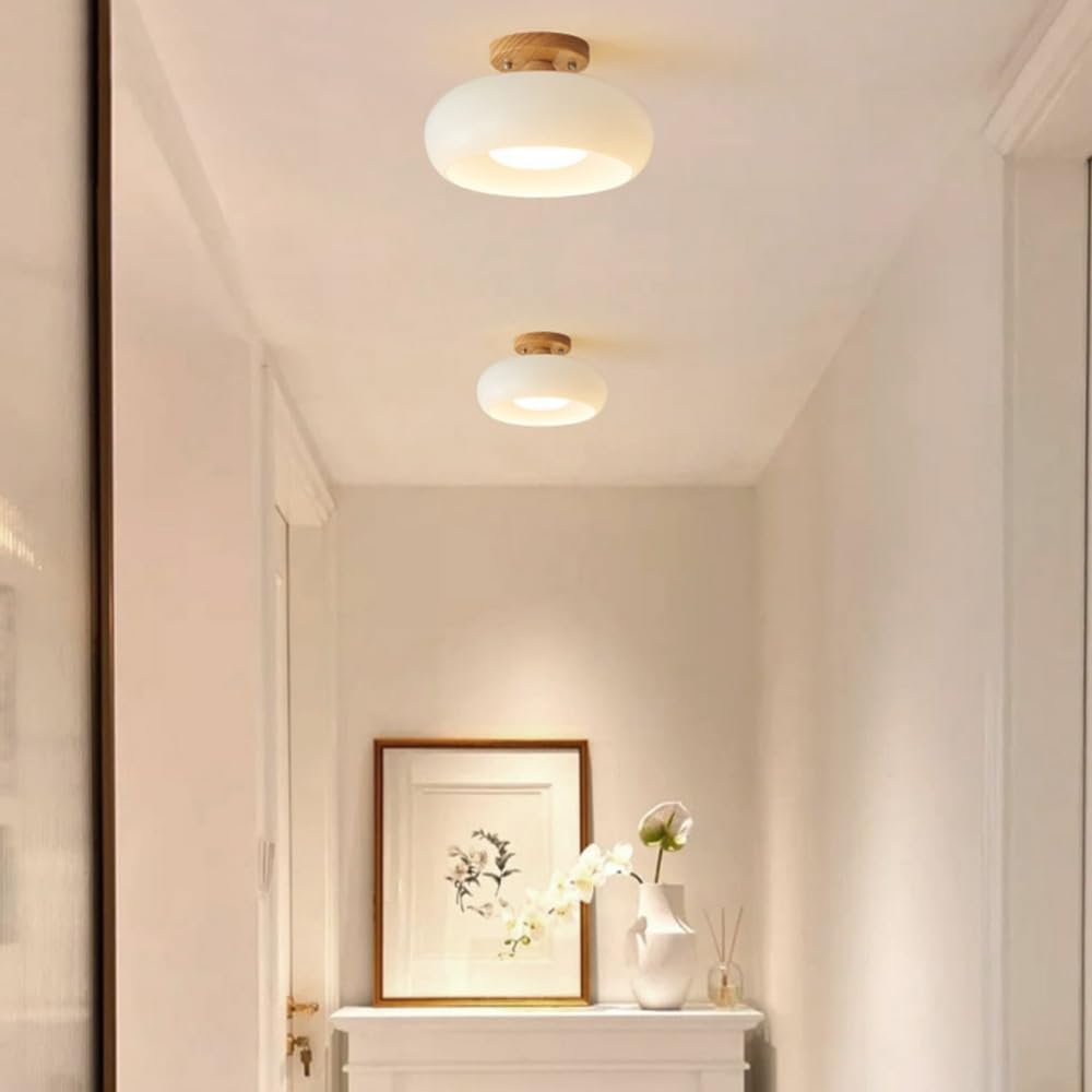Modern Flush Mount LED Ceiling Light with Wood and Glass Design