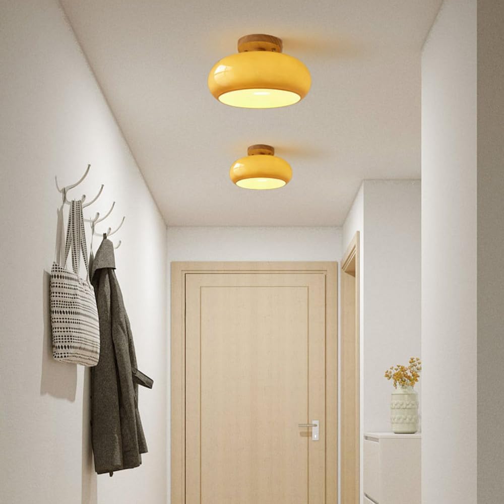 Modern Flush Mount LED Ceiling Light with Wood and Glass Design