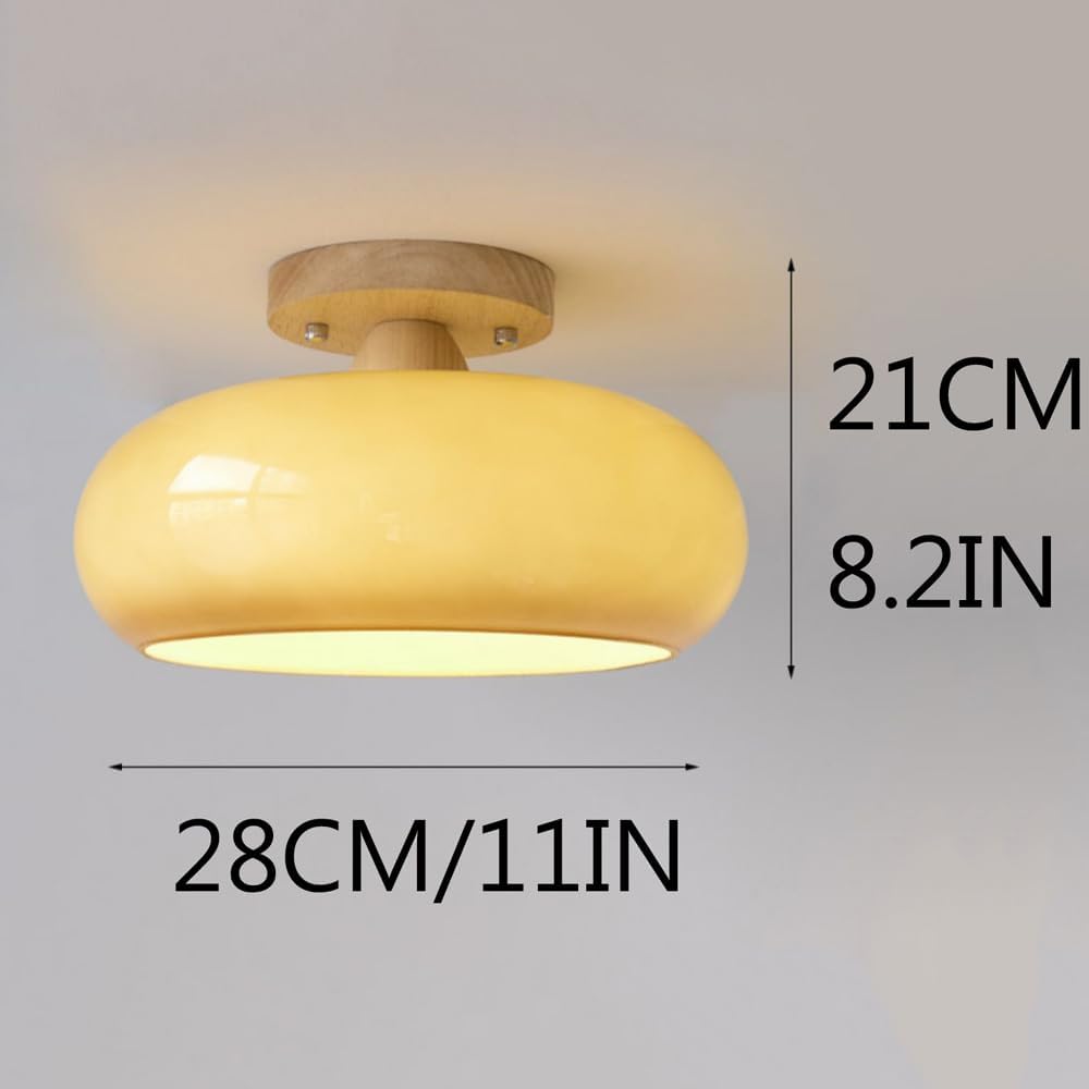 Modern Flush Mount LED Ceiling Light with Wood and Glass Design