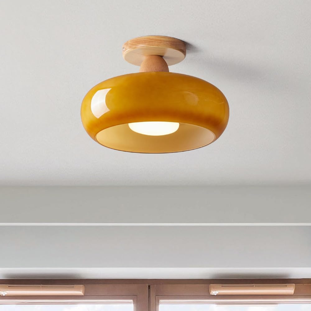 Modern Flush Mount LED Ceiling Light with Wood and Glass Design