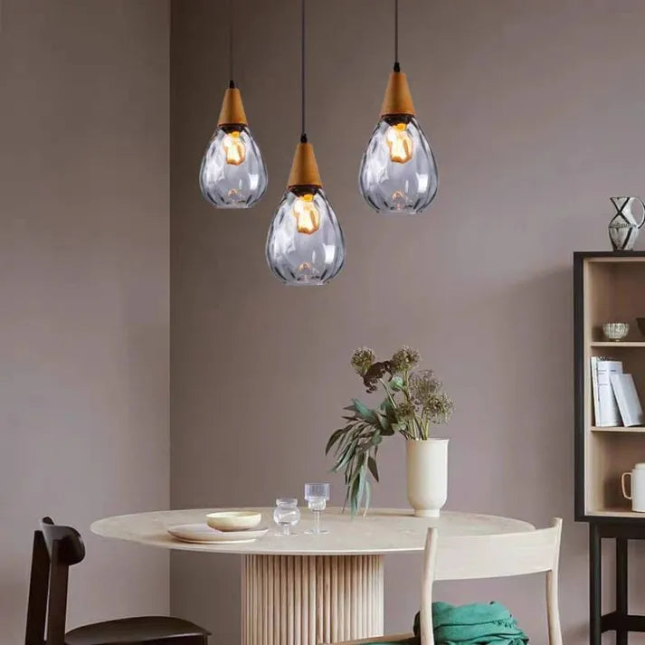 Teardrop Glass Pendant Light Wood and Glass Hanging Lamp